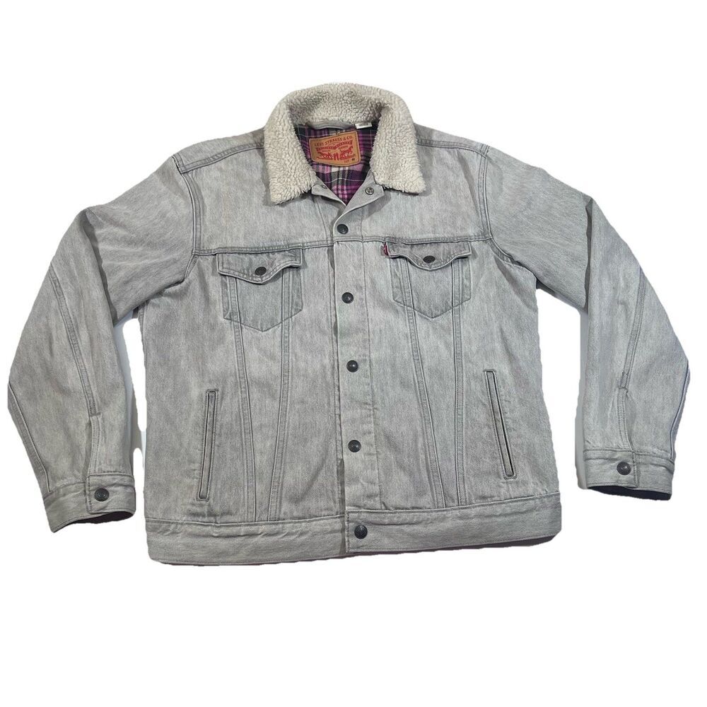 Levi's Flannel Lined Washed Gray Denim Trucker Jacket Sherpa Collar Women's Med - Picture 1 of 13